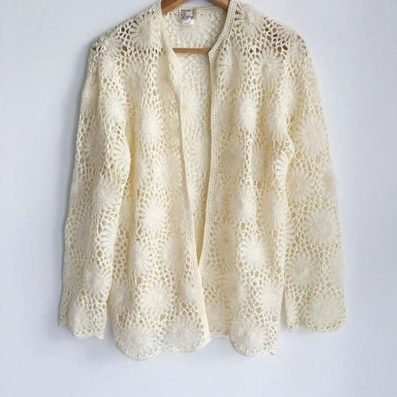 Vintage Crochet Mohair Blend Cream Ivory Cardigan M - Picture 3 of 7